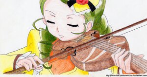 Rating: Safe Score: 0 Tags: 1990s_(style) 1girl blonde_hair bow bow_(instrument) braid closed_eyes colored_pencil_(medium) electric_guitar flower flute green_hair guitar hair_ornament hat holding_instrument image instrument kanaria long_sleeves music musical_note playing_instrument rose solo traditional_media upper_body violin watermark User: admin