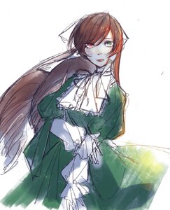 Rating: Safe Score: 0 Tags: 1girl brown_hair dress green_dress green_eyes heterochromia image long_hair long_sleeves looking_at_viewer red_eyes simple_background solo suiseiseki very_long_hair white_background User: admin