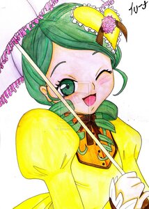 Rating: Safe Score: 0 Tags: 1990s_(style) 1girl bow dress food fruit green_eyes green_hair image juliet_sleeves kanaria long_sleeves one_eye_closed open_mouth puffy_sleeves smile solo umbrella yellow_dress User: admin