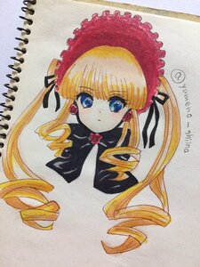 Rating: Safe Score: 0 Tags: 1990s_(style) 1girl bangs black_ribbon blonde_hair blue_eyes bonnet bow drill_hair eyebrows_visible_through_hair flower image long_hair looking_at_viewer marker_(medium) photo ringlets rose shinku simple_background solo traditional_media twin_drills twintails white_background User: admin