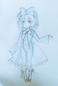 Rating: Safe Score: 0 Tags: 1girl bangs blue_theme blush bow closed_mouth dress eyebrows_visible_through_hair full_body hair_bow hinaichigo image long_sleeves looking_at_viewer monochrome short_hair sketch smile solo standing traditional_media User: admin