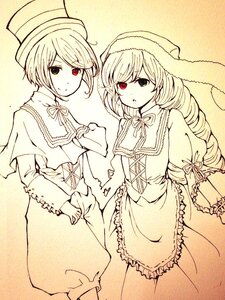 Rating: Safe Score: 0 Tags: 2girls capelet dress drill_hair frills hat heterochromia image long_hair long_sleeves looking_at_viewer monochrome multiple_girls pair red_eyes short_hair smile souseiseki spot_color suiseiseki twins User: admin