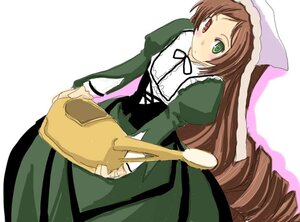 Rating: Safe Score: 0 Tags: 1girl blush brown_hair dress drill_hair frills green_dress green_eyes hat heterochromia holding image long_hair long_sleeves looking_at_viewer red_eyes simple_background solo suiseiseki twin_drills very_long_hair watering_can white_background User: admin