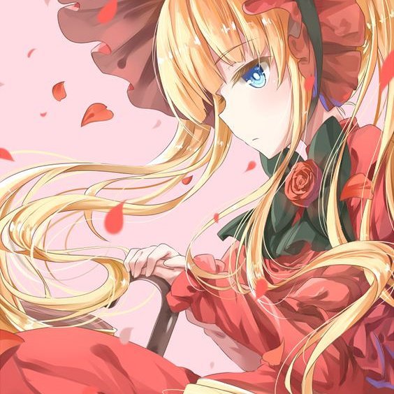 1girl blonde_hair blue_eyes bow bowtie dress flower image long_hair long_sleeves petals red_dress red_flower red_rose rose rose_petals shinku solo twintails