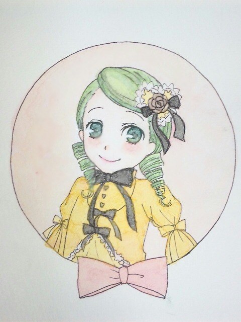 1girl blush bow drill_hair flower green_eyes green_hair hair_ornament image kanaria looking_at_viewer rose simple_background smile solo traditional_media twin_drills