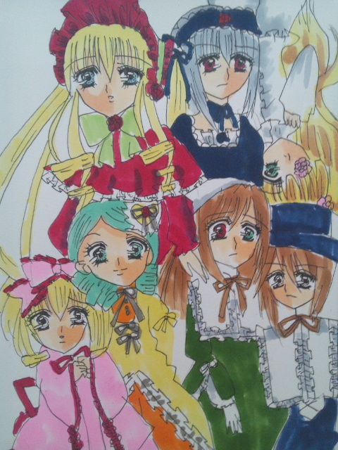 6+girls blonde_hair blue_eyes blush bonnet bow brown_hair dress drill_hair eyepatch frills green_eyes green_hair heterochromia hina_ichigo image kanaria long_hair long_sleeves looking_at_viewer multiple multiple_girls pink_bow red_dress red_eyes shinku short_hair siblings simple_background sisters souseiseki suigintou suiseiseki tagme traditional_media twins twintails very_long_hair