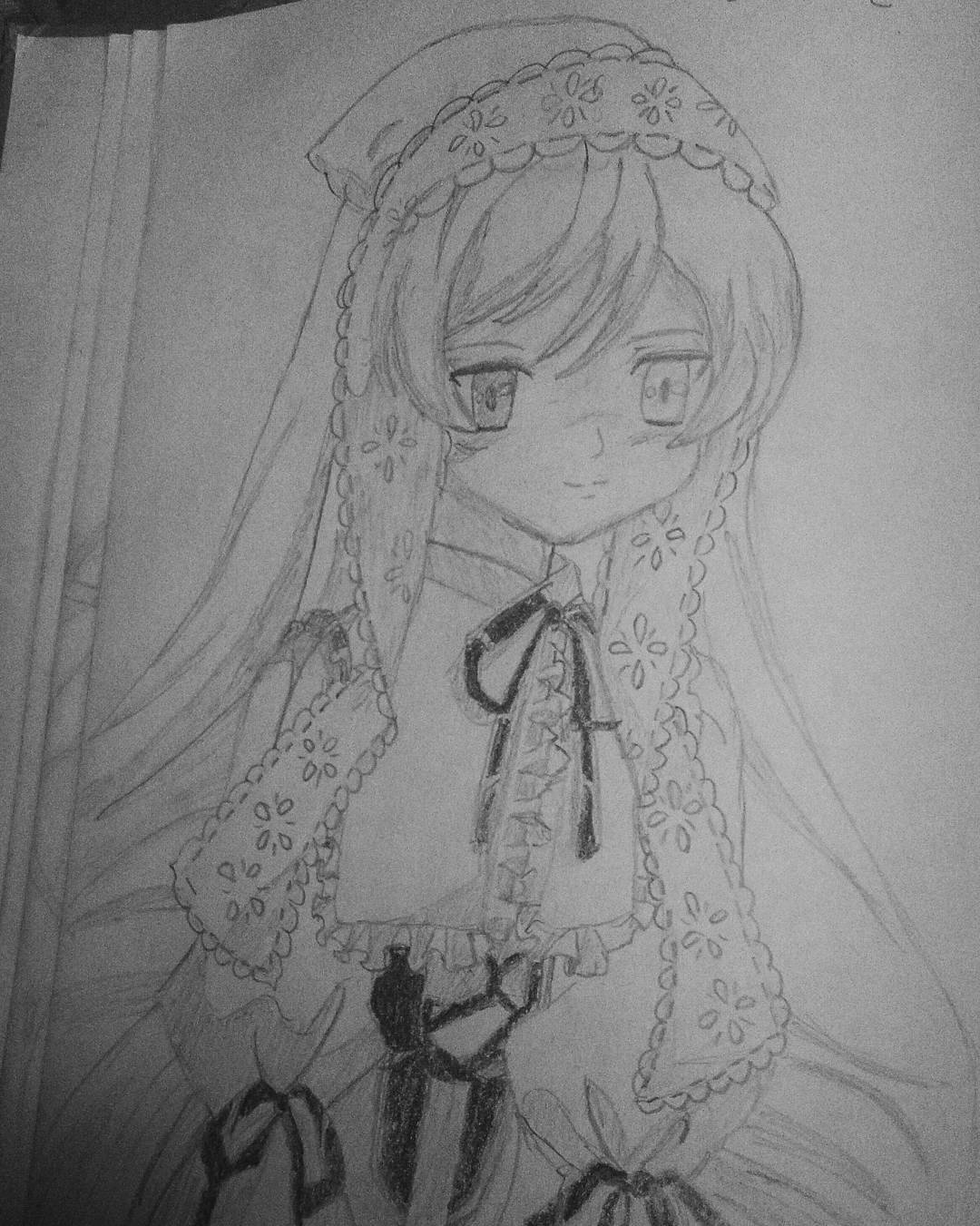1girl curtains dress frills greyscale image long_hair looking_at_viewer monochrome solo suiseiseki traditional_media upper_body