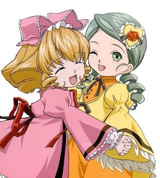 2girls blonde_hair bow closed_eyes dress drill_hair green_eyes green_hair hina_ichigo hinaichigo holding_hands image kanaria long_sleeves multiple_girls one_eye_closed open_mouth pair pink_bow short_hair smile twin_drills white_background wide_sleeves
