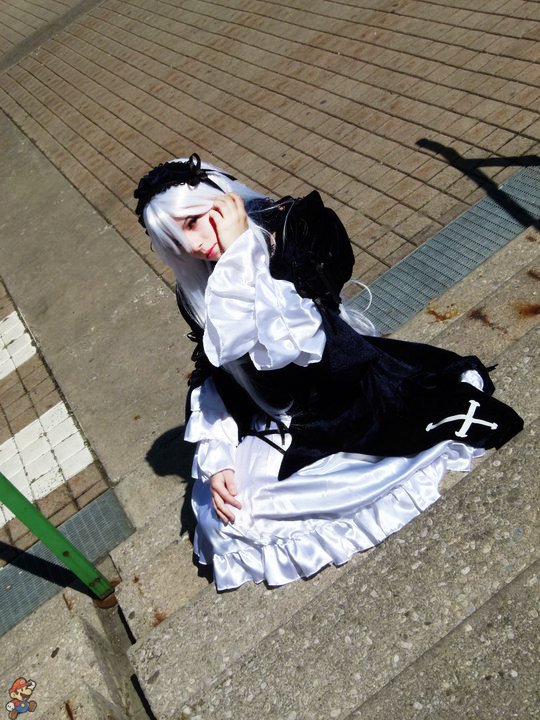 1girl blood closed_eyes dress frills hairband long_hair long_sleeves sitting solo suigintou
