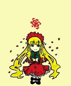 1girl blonde_hair blue_eyes bonnet bow dress flower image long_hair long_sleeves looking_at_viewer red_dress rose shinku simple_background solo very_long_hair yellow_background