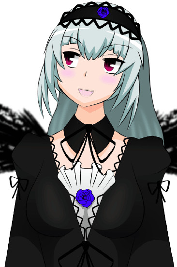 1girl :d black_dress blue_flower blue_rose blush dress flower gothic_lolita hairband image juliet_sleeves lolita_fashion lolita_hairband long_hair long_sleeves looking_at_viewer open_mouth pink_eyes rose silver_hair simple_background smile solo suigintou upper_body white_background