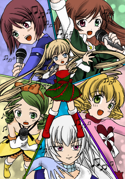 6+girls :o blonde_hair blue_eyes bow brown_hair dress drill_hair gloves green_eyes green_hair heterochromia hina_ichigo image kanaria long_hair microphone multiple multiple_girls music red_eyes shinku short_hair singing sisters souseiseki suigintou suiseiseki tagme twin_drills twins yellow_eyes