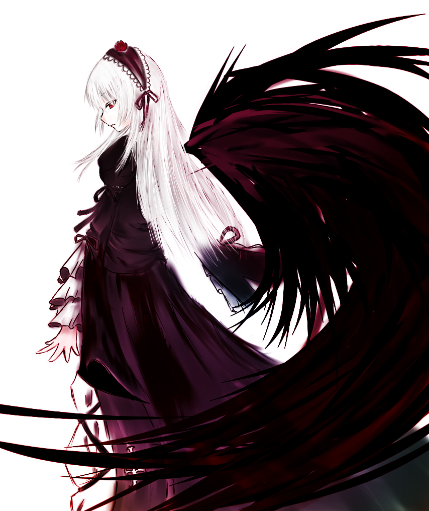 1girl black_dress black_wings dress frills full_body hairband image juliet_sleeves lolita_hairband long_hair long_sleeves looking_at_viewer puffy_sleeves red_eyes ribbon rose solo suigintou very_long_hair wings