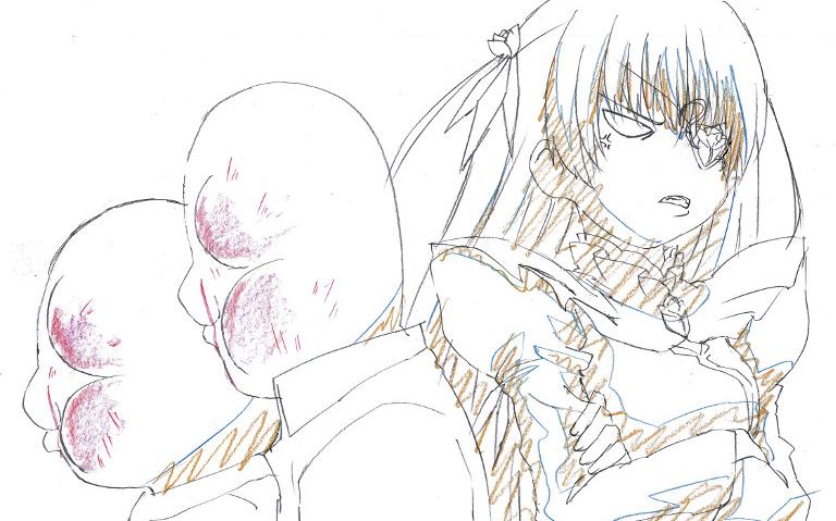 1boy 1girl barasuishou blood hair_ribbon image injury long_hair long_sleeves monochrome ribbon solo teeth torn_clothes upper_body