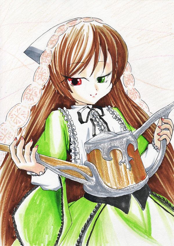 1girl brown_hair dress frills green_dress green_eyes head_scarf heterochromia holding image long_hair long_sleeves looking_at_viewer marker_(medium) nail_polish red_eyes solo suiseiseki traditional_media very_long_hair