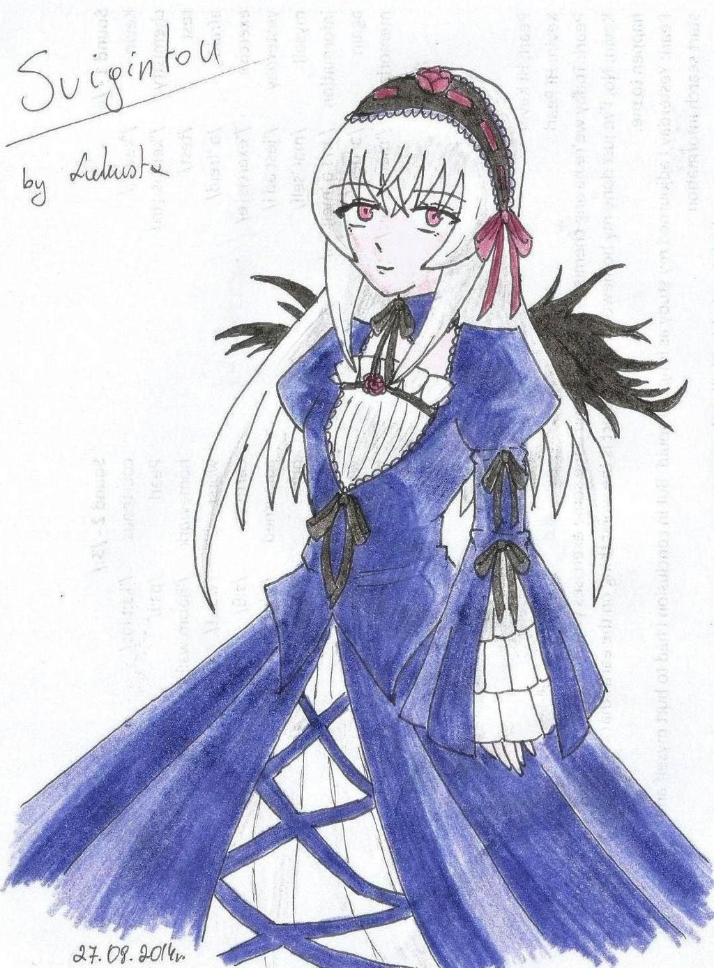 1girl black_wings detached_collar dress flower frills hairband image long_hair long_sleeves looking_at_viewer pink_eyes puffy_sleeves ribbon solo standing suigintou wings