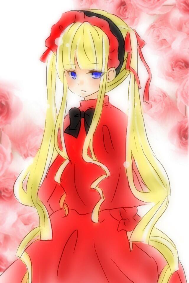 1girl blonde_hair blue_eyes blush bow bowtie capelet dress flower image long_hair long_sleeves looking_at_viewer red_dress red_flower red_rose rose shinku solo twintails very_long_hair