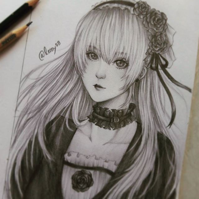 1girl black_flower black_rose blurry blurry_foreground choker closed_mouth depth_of_field flower hairband image long_hair looking_at_viewer monochrome photo rose solo suigintou traditional_media upper_body
