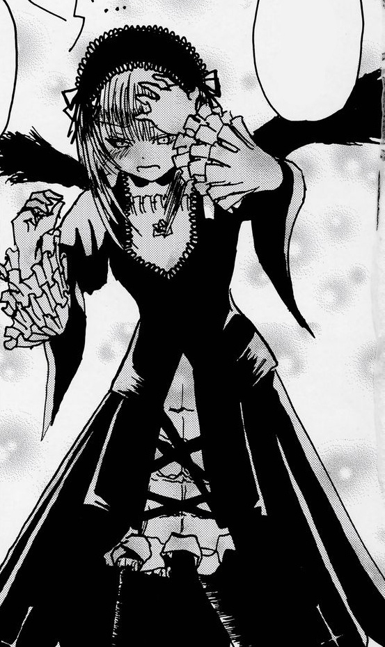 1girl blush dress frills greyscale hairband image long_sleeves monochrome solo standing suigintou wings