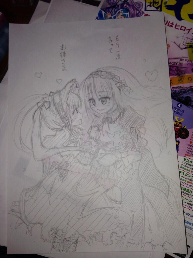 2girls dress image long_hair multiple_girls pair shinku smile suigintou traditional_media yuri