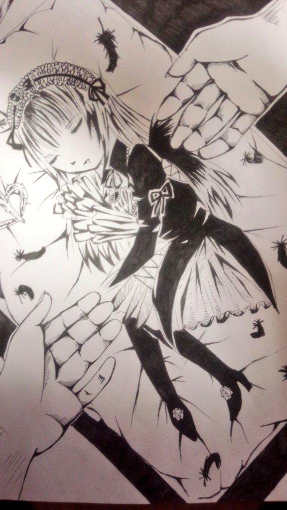 1girl bug butterfly closed_eyes dress feathers frills greyscale hairband image insect long_sleeves monochrome ribbon shinku solo suigintou traditional_media wings