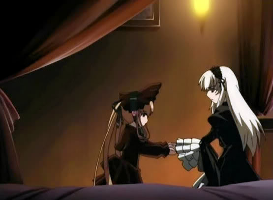 2girls black_dress black_ribbon curtains dress hairband image indoors long_hair long_sleeves looking_at_another multiple_girls pair ribbon shinku silver_hair sitting suigintou table white_hair