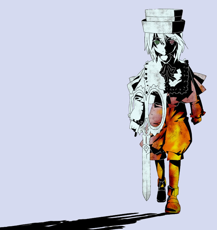 1girl boots capelet eyepatch green_eyes hat image miyako_yoshika short_hair solo souseiseki striped weapon