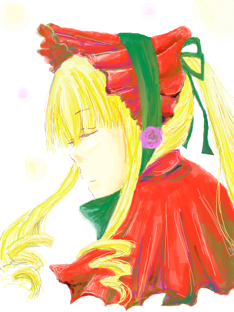 1girl blonde_hair bonnet bow closed_eyes drill_hair flower image long_hair portrait profile ringlets rose shinku sidelocks solo striped upper_body