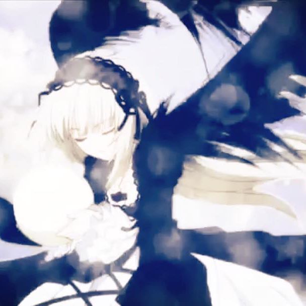 1girl blue_cape blue_dress blurry blurry_background blurry_foreground closed_eyes closed_mouth depth_of_field dress feathered_wings feathers fur_trim image long_sleeves motion_blur solo suigintou wings
