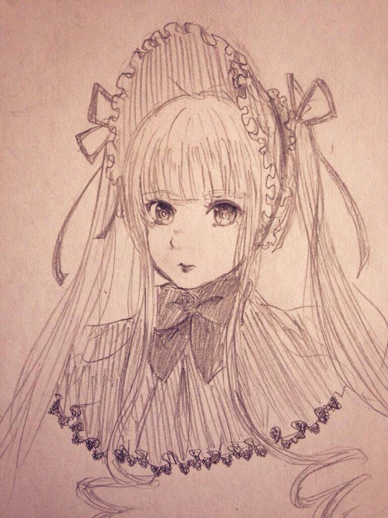 1girl bangs bonnet bow bowtie eyebrows_visible_through_hair graphite_(medium) image lolita_fashion long_hair looking_at_viewer monochrome parted_lips photo shinku simple_background solo traditional_media twintails upper_body