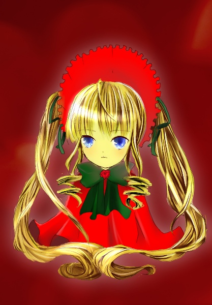 1girl blonde_hair blue_eyes bow bowtie dress drill_hair flower green_bow image long_hair long_sleeves looking_at_viewer red_background shinku sidelocks simple_background solo twintails