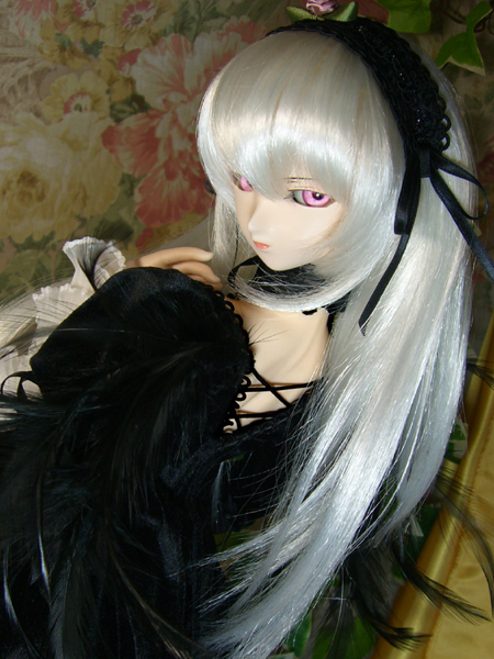 1girl black_dress doll doll_joints dress flower gothic_lolita hairband joints lips long_hair long_sleeves looking_at_viewer looking_back silver_hair solo suigintou very_long_hair