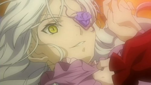 1boy barasuishou choker closed_mouth eyepatch flower image long_sleeves looking_at_viewer lying rose solo tears yellow_eyes