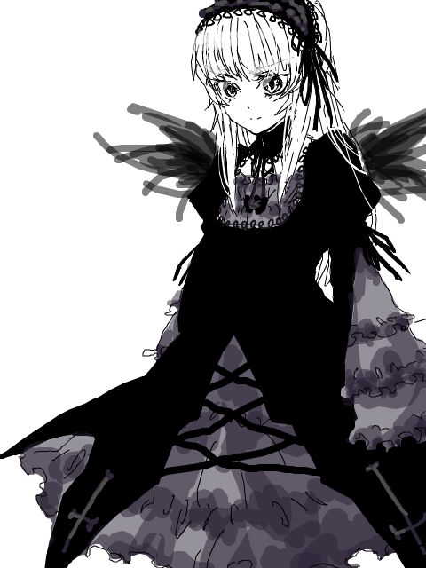 1girl bangs blush closed_mouth dress eyebrows_visible_through_hair frilled_hairband frills greyscale hairband image long_hair long_sleeves looking_at_viewer monochrome rose simple_background smile solo suigintou white_background wings