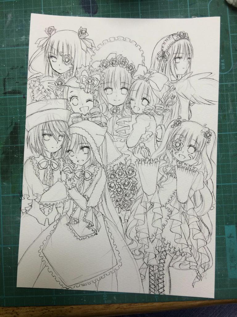 6+girls boots bow dress flower gloves hat image long_hair looking_at_viewer monochrome multiple multiple_girls rose smile suigintou tagme traditional_media twintails