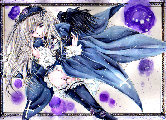1girl black_wings blonde_hair boots dress frills image kneehighs long_hair long_sleeves purple_eyes rose sitting solo suigintou wings