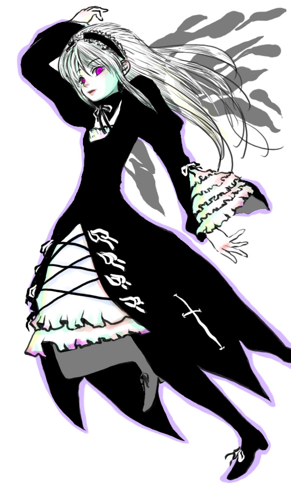 1girl black_dress dress frilled_sleeves frills full_body gothic_lolita hairband high_heels image lolita_fashion lolita_hairband long_hair long_sleeves looking_at_viewer pantyhose pink_eyes simple_background solo suigintou very_long_hair white_background wings