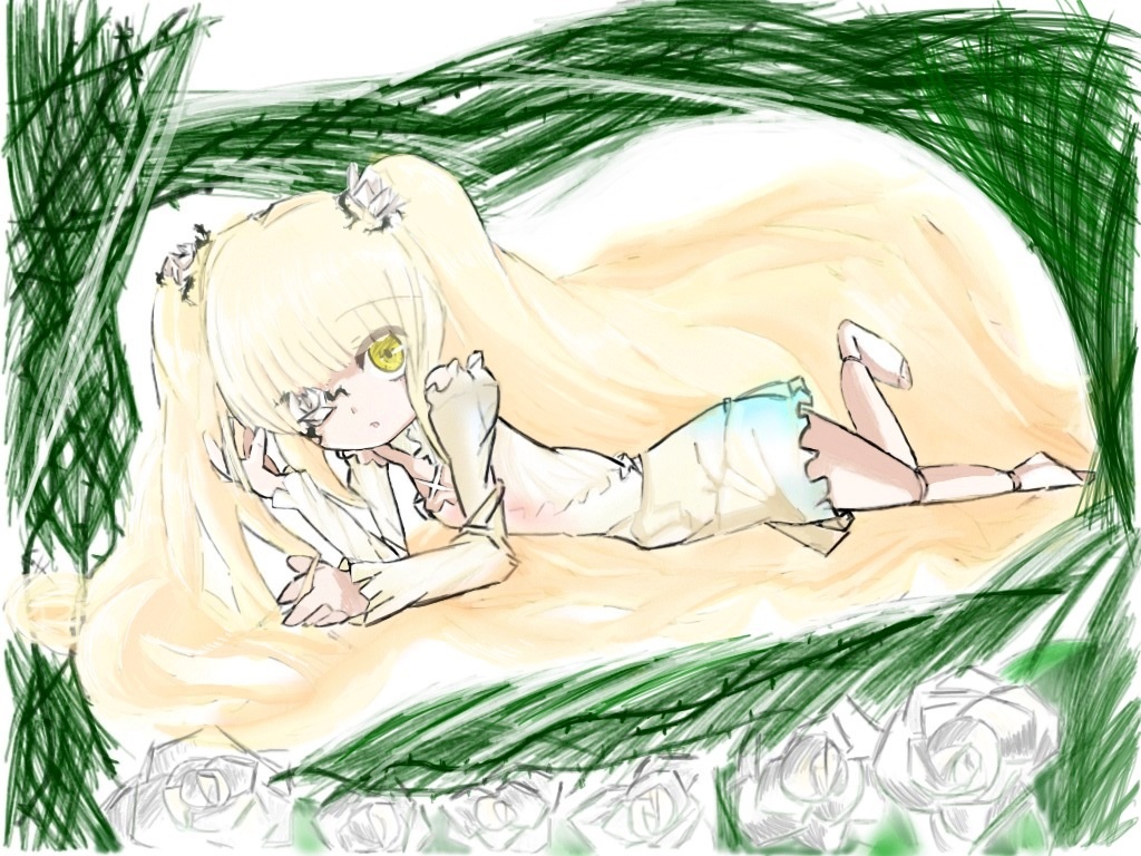 1girl blonde_hair doll_joints dress flower grass image joints kirakishou long_hair lying on_stomach rose solo thorns twintails vines white_flower white_rose yellow_eyes