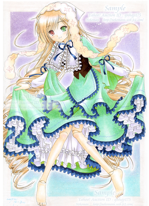 1girl barefoot blonde_hair dress frills green_eyes heterochromia image lolita_fashion long_hair long_sleeves red_eyes ribbon smile solo suiseiseki traditional_media very_long_hair