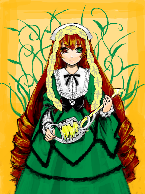 1girl brown_hair dress drill_hair frills green_dress green_eyes heterochromia image long_hair long_sleeves looking_at_viewer red_eyes ribbon simple_background solo suiseiseki twin_drills very_long_hair watering_can yellow_background