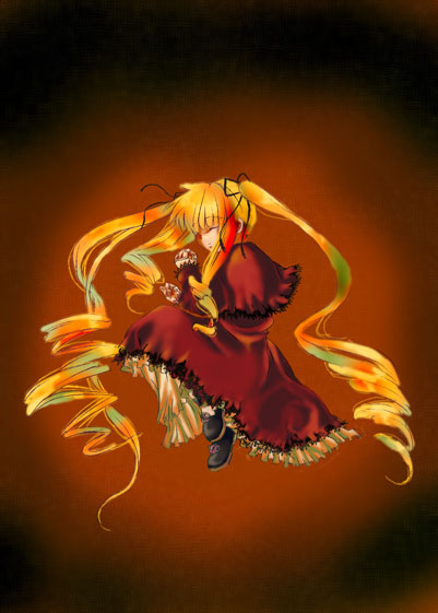 1girl black_footwear blonde_hair brown_background closed_eyes dress drill_hair full_body image long_hair long_sleeves red_dress shinku shoes solo twintails very_long_hair