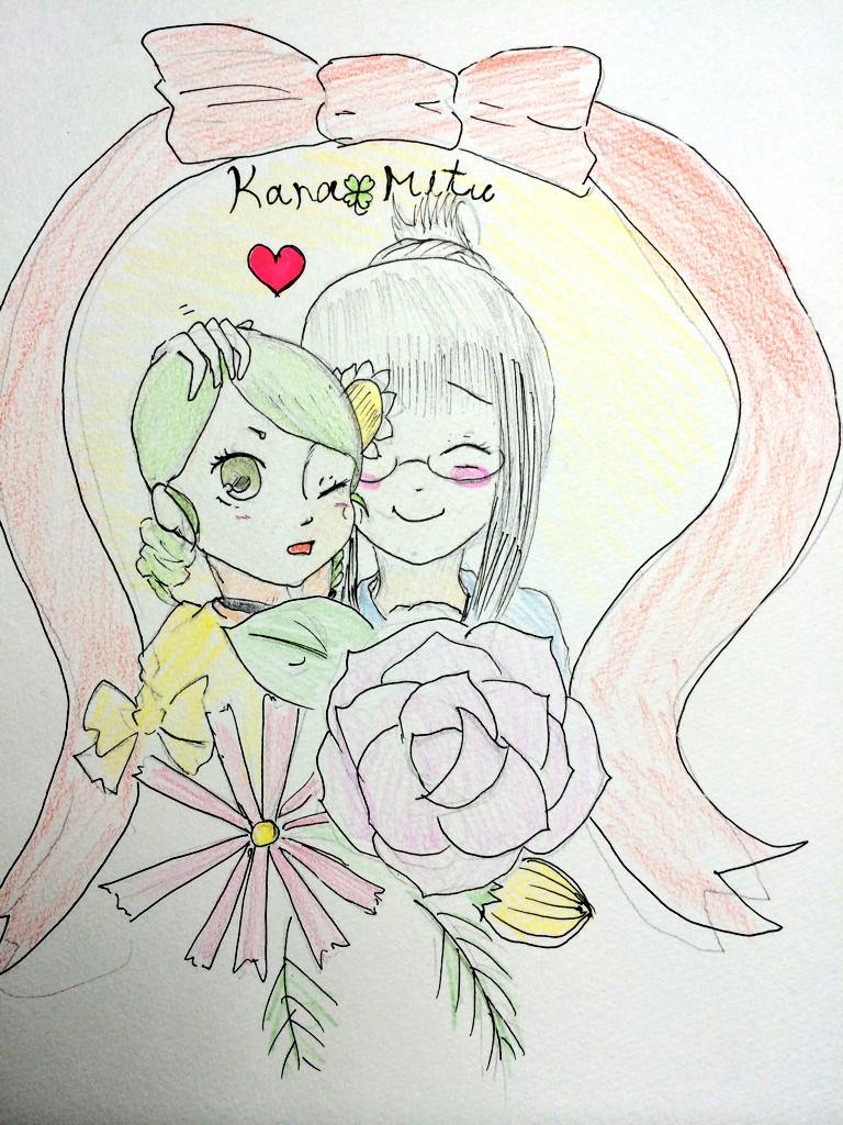 2girls closed_eyes flower heart image kanaria kusabue_mitsu long_hair monster_girl multiple_girls one_eye_closed smile solo yuri