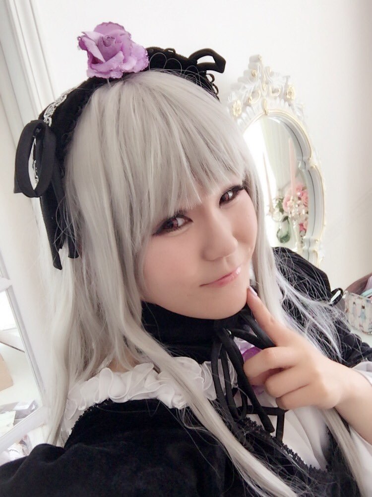 1girl bangs black_ribbon closed_mouth flower food gothic_lolita lace lips lolita_fashion long_hair looking_at_viewer ribbon solo suigintou upper_body