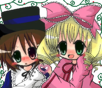 2girls :d blonde_hair blush bow brown_hair collar dress drill_hair frills green_eyes hat hina_ichigo hinaichigo image long_sleeves looking_at_viewer multiple_girls open_mouth pair pink_bow red_eyes simple_background souseiseki suiseiseki top_hat