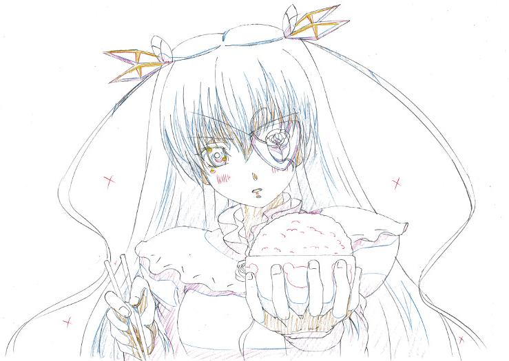 1girl :o barasuishou blush eating eyebrows_visible_through_hair food hair_ribbon holding holding_food image long_hair looking_at_viewer monochrome ribbon solo sparkle two_side_up upper_body