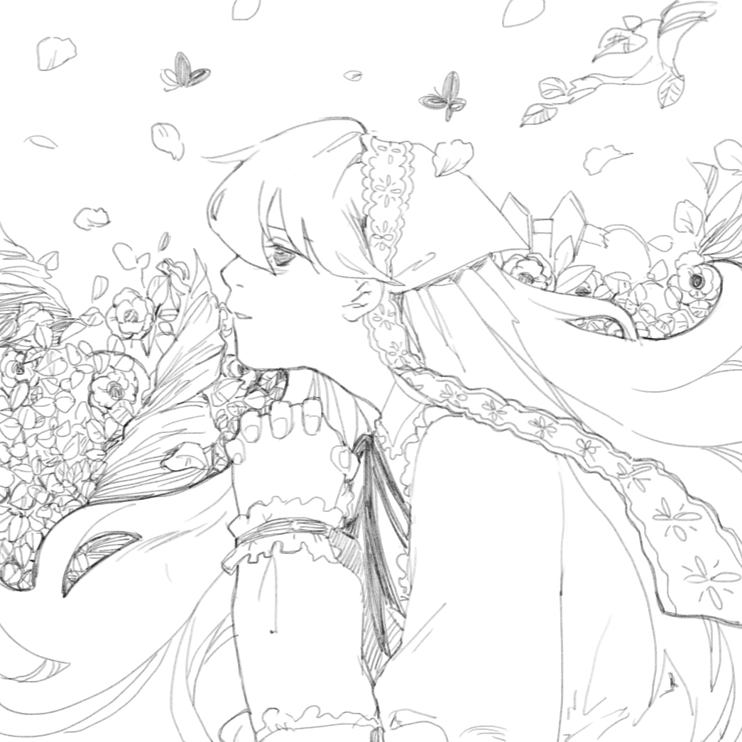 1girl blue_butterfly bug butterfly butterfly_hair_ornament detached_sleeves flower frills greyscale hair_ornament hatsune_miku image insect long_hair monochrome solo suiseiseki upper_body very_long_hair