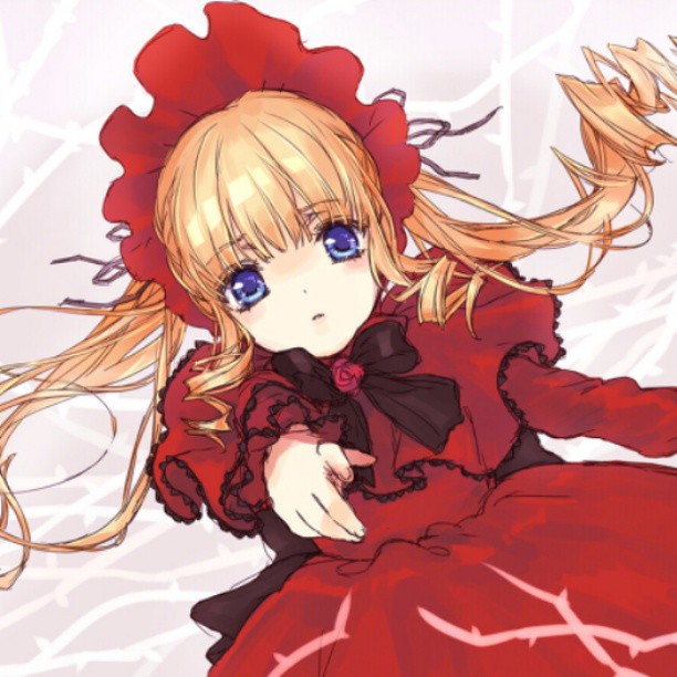 1girl blonde_hair blue_eyes blush bonnet bow bowtie capelet dress flower image long_hair long_sleeves looking_at_viewer red_capelet red_dress shinku solo twintails