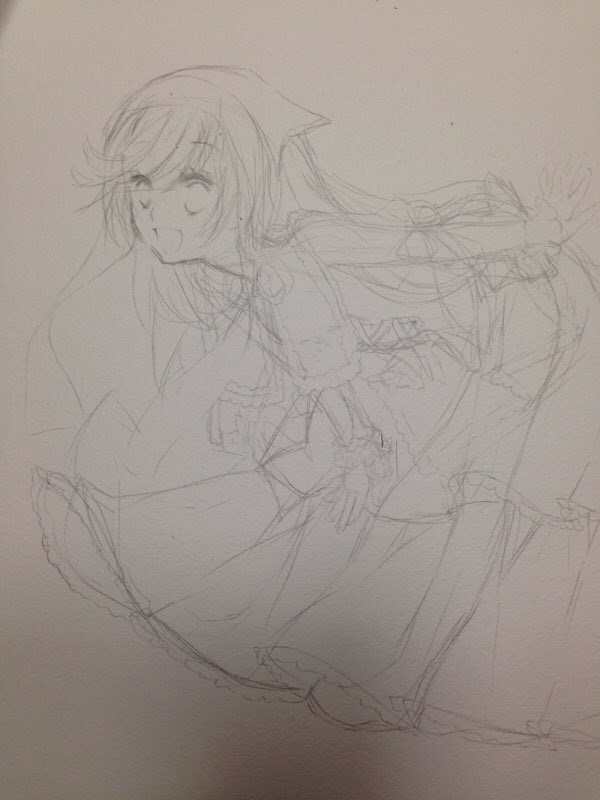1girl frills greyscale image long_hair long_sleeves monochrome sketch smile solo suiseiseki traditional_media