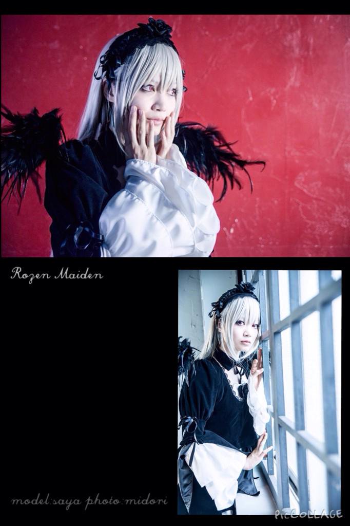 2girls dress feathers flower frills hairband letterboxed long_hair long_sleeves looking_at_viewer multiple_girls solo suigintou white_hair