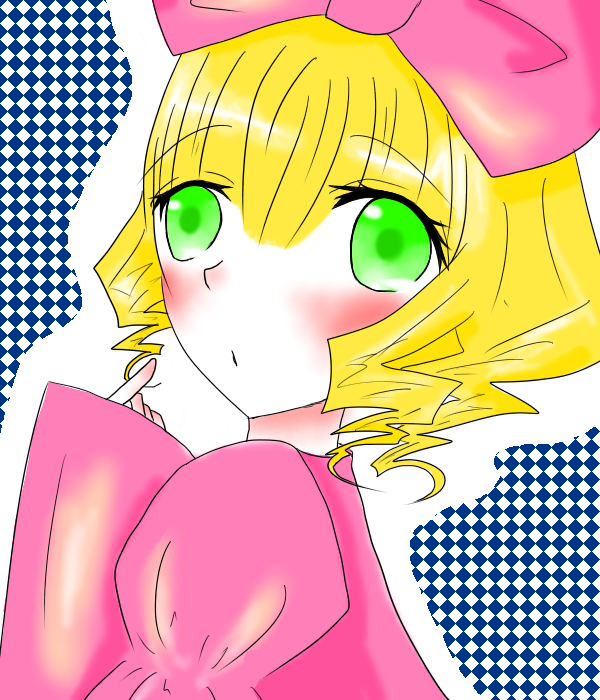 1girl argyle argyle_background blonde_hair blush bow checkered checkered_background checkered_floor chess_piece green_eyes hair_bow halftone halftone_background hina_ichigo hinaichigo image pink_bow pink_dress plaid_background short_hair solo tile_floor tiles